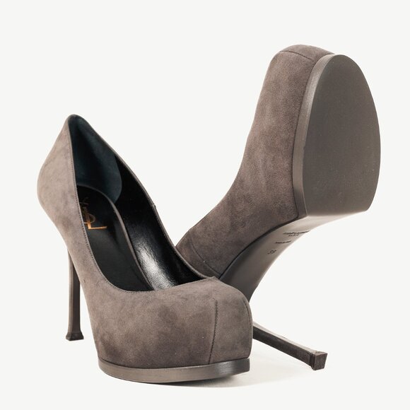 Saint Laurent Tribute Earth Grey Suede Platform Pumps - Picture 4 of 11